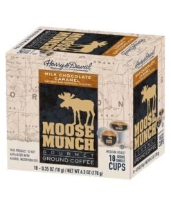 Harry & David Milk Chocolate Caramel Moose Munch Single-Serve Coffee 4/18 Count -Coffee Tea harry david milk chocolate caramel moose munch single serve coffee 4 box 72 ct